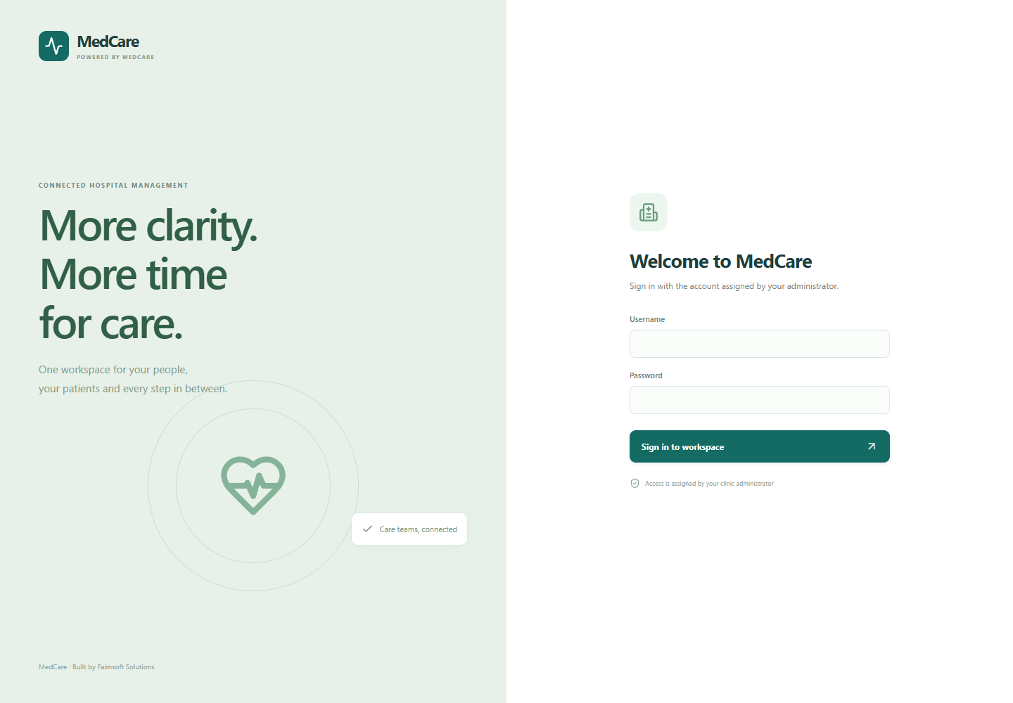 MedCare demo sign-in screen with empty username and password fields